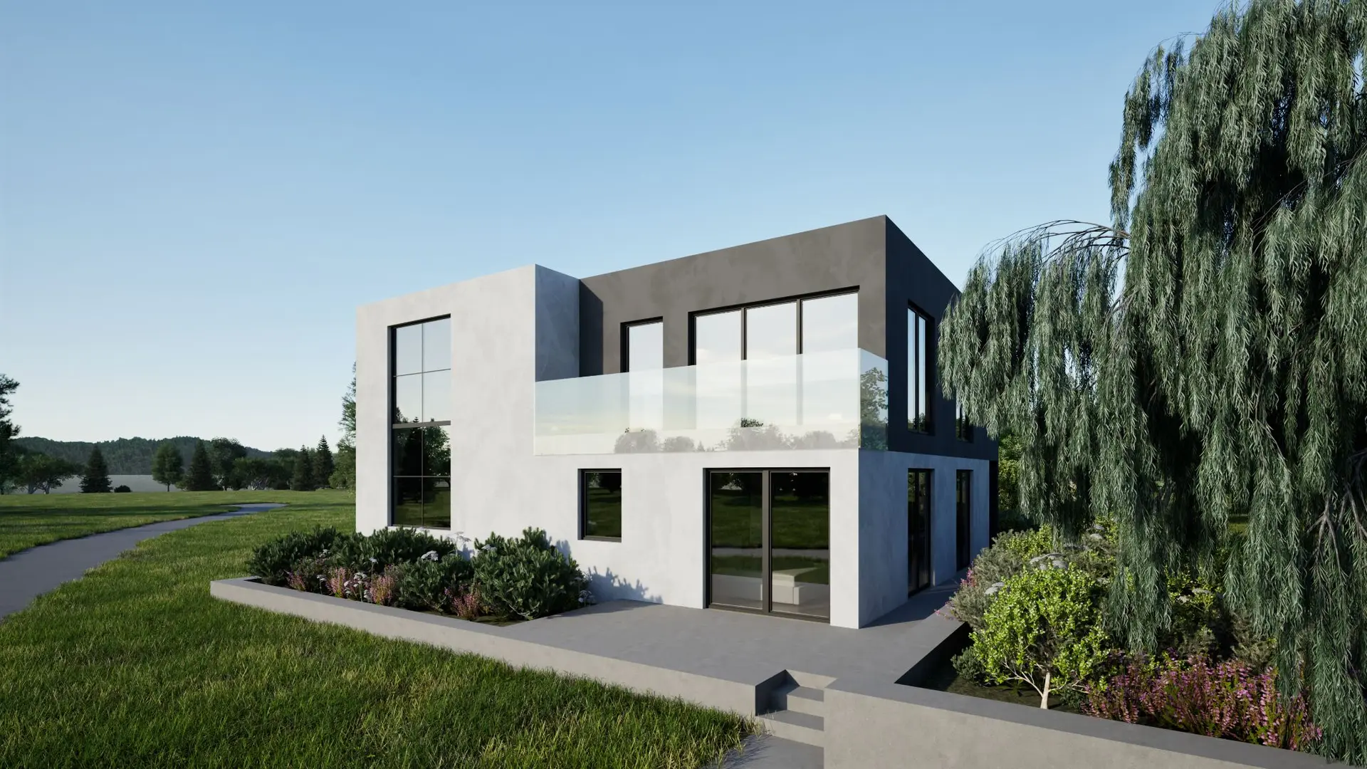 3D prikaz montažne kuće Kovačec, vrtna strana s terasom